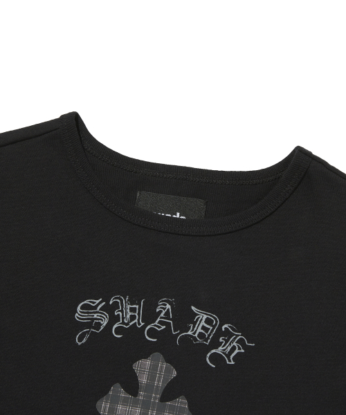 suade（スエード）の「CHECKERED CROSS CROP TEE [BLACK]（Tシャツ/カットソー・レディース・その他・FREE）」の3枚目の写真