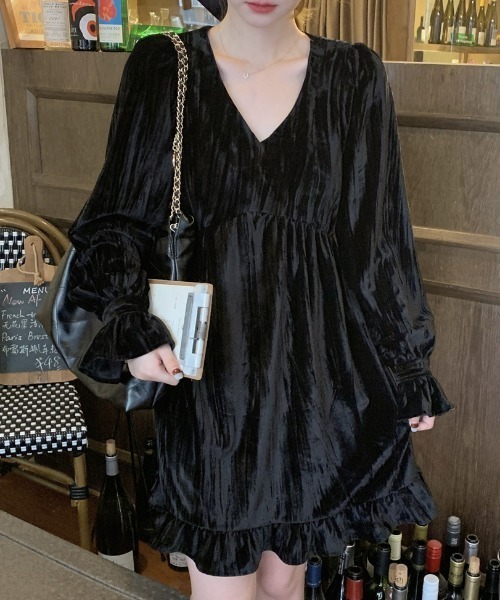 セール】Vネックフリル切替ベロアミニワンピース（ワンピース