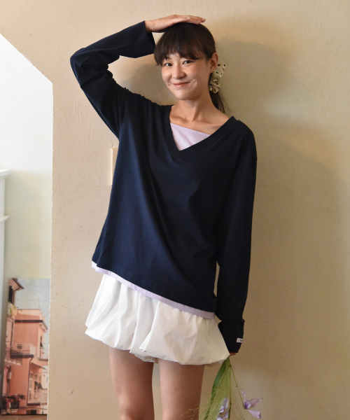 SAYUU（サユ）の「ピュアレイヤードTシャツネイビー（Tシャツ/カットソー・レディース・ネイビー・FREE）」の3枚目の写真