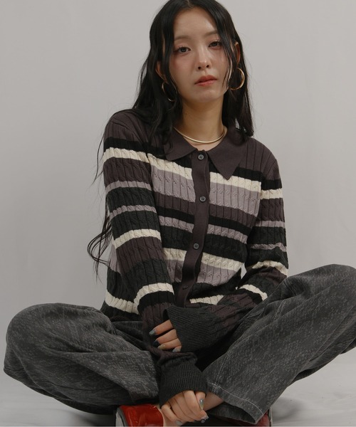 palm RICHE(ポームリシュ)の「マルチボーダーポロニット(ニット/セーター・レディース・チャコールグレー/オフホワイト・M)」の12枚目の写真