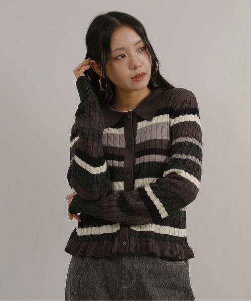 palm RICHE(ポームリシュ)の「マルチボーダーポロニット(ニット/セーター・レディース・チャコールグレー/オフホワイト・M)」の16枚目の写真