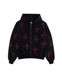 ジップフーディ｜Black x Silver Cross Rhinestone Zip Hoodie