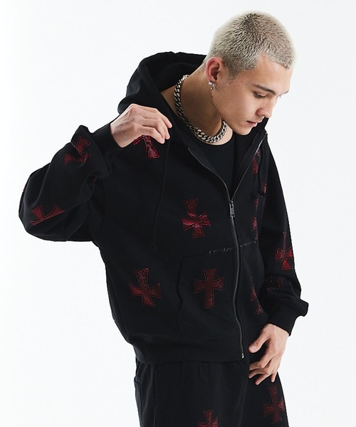 セール】ジップフーディ｜Black x Red Cross Rhinestone Zip Hoodie
