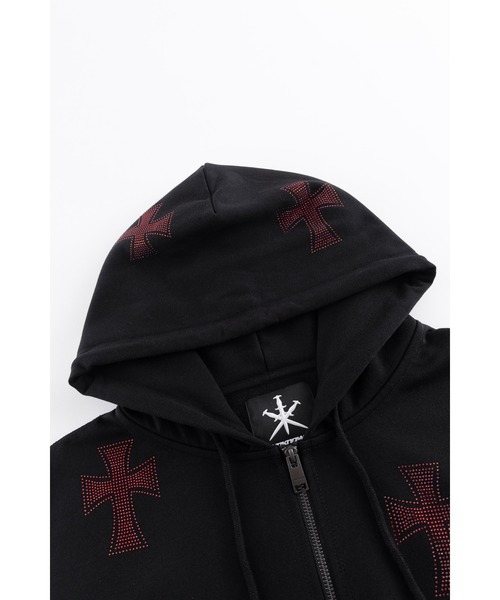 UNKNOWN LONDON(アンノウン・ロンドン)の「ジップフーディ|Black x Red Cross Rhinestone Zip Hoodie|Unknown London(パーカー・メンズ・ブラック・LARGE/X-LARGE/SMALL/MEDIUM)」の13枚目の写真