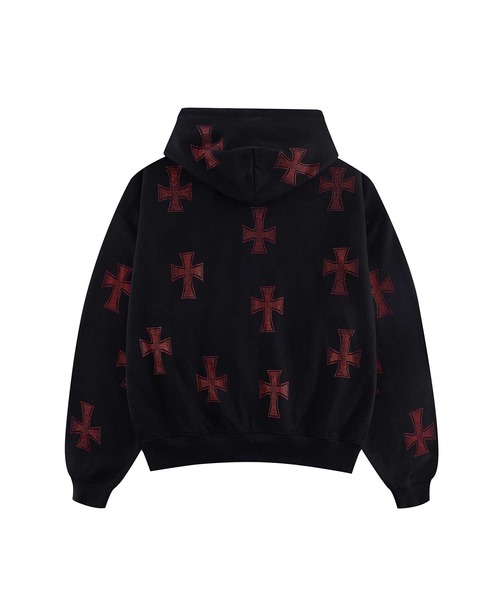 セール】ジップフーディ｜Black x Red Cross Rhinestone Zip Hoodie