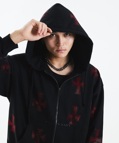 セール】ジップフーディ｜Black x Red Cross Rhinestone Zip Hoodie