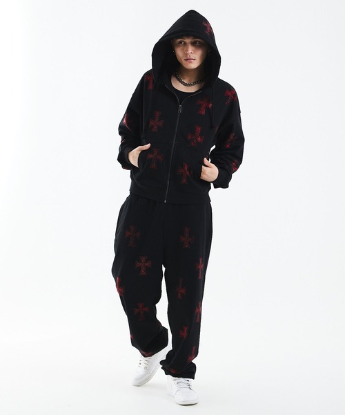 ジップフーディ｜Black x Red Cross Rhinestone Zip Hoodie｜Unknown