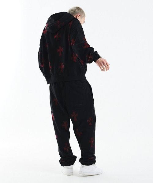 ジップフーディ｜Black x Red Cross Rhinestone Zip Hoodie｜Unknown