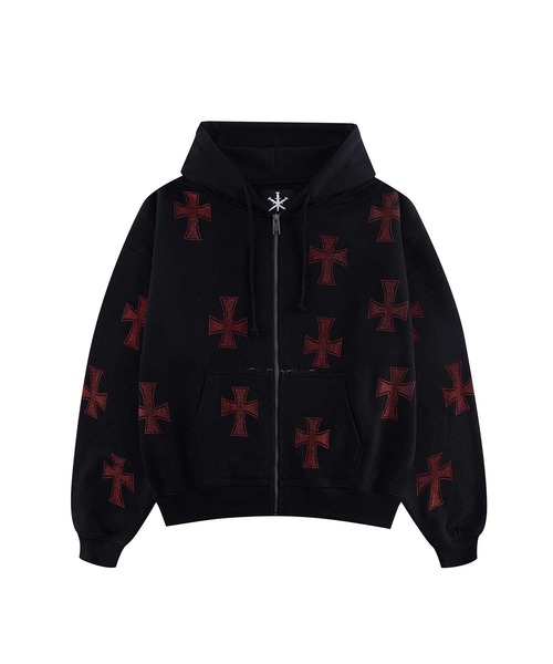 ジップフーディ｜Black x Red Cross Rhinestone Zip Hoodie｜Unknown