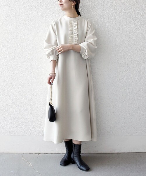 SHIPS any（シップス エニィ）の「〈洗濯機可能〉ダブルクロス フリル パフ スリーブ ワンピース［NAVY BLUE］（ワンピース・レディース・ネイビー/オフホワイト・ONE SIZE）」の9枚目の写真