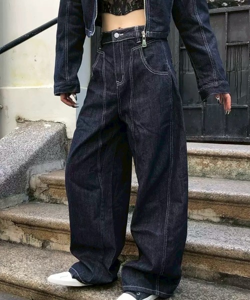 VIBGYOR(ヴィブジョー)の「【LAMPOON】デニムライダースジャケットセットアップ(セットアップ・レディース・ネイビー・MEDIUM/SMALL/LARGE)」の6枚目の写真
