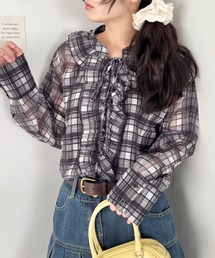 セール】ギンガムチェックシアーハイネックトップス（Tシャツ