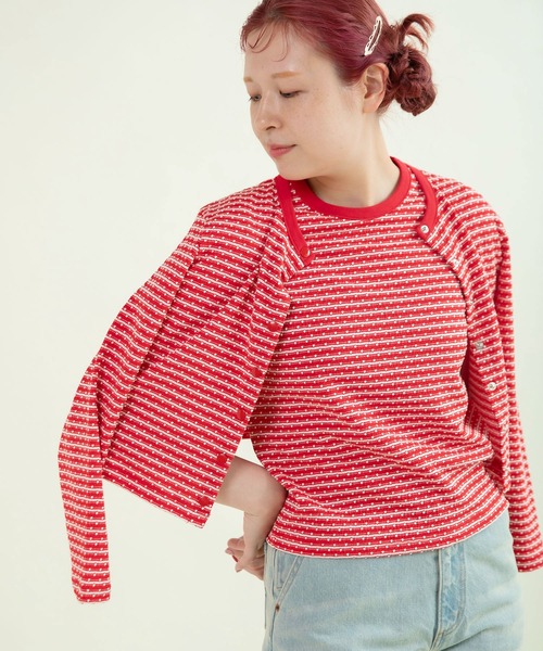 CHILD WOMAN(チャイルドウーマン)の「ドットシャーリングジャガード ショートカーディガン(カーディガン/ボレロ・レディース・ネイビー/レッド・FREE)」の15枚目の写真