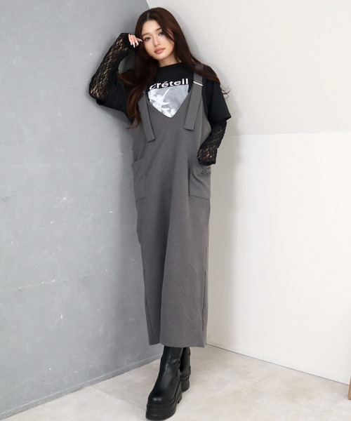 CECIL McBEE（セシルマクビー）の「斜めストライプ柄ふくれジャガード刺繍ロゴジャンスカ（ワンピース・レディース・チャコールグレー/ブラック・LARGE/MEDIUM）」の3枚目の写真