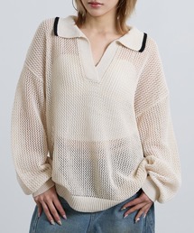 メッシュ編み スキッパーニット トップス