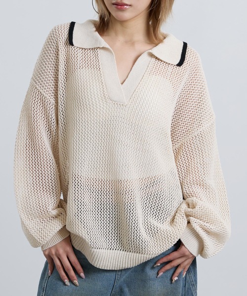 ANAP(アナップ)の「メッシュ編み スキッパーニット トップス(ニット/セーター・レディース・アイボリー/ブラック・F)」の1枚目の写真