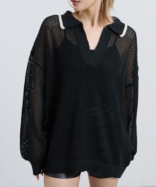 ANAP(アナップ)の「メッシュ編み スキッパーニット トップス(ニット/セーター・レディース・アイボリー/ブラック・F)」の2枚目の写真