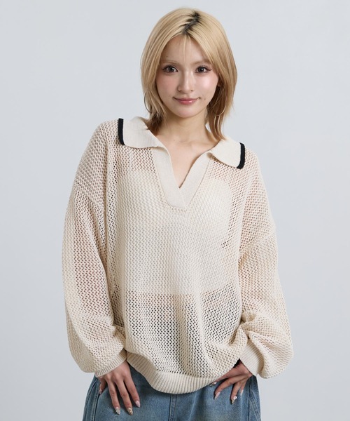 ANAP(アナップ)の「メッシュ編み スキッパーニット トップス(ニット/セーター・レディース・アイボリー/ブラック・F)」の4枚目の写真