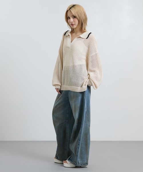 ANAP(アナップ)の「メッシュ編み スキッパーニット トップス(ニット/セーター・レディース・アイボリー/ブラック・F)」の6枚目の写真