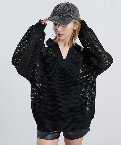 ANAP(アナップ)の「メッシュ編み スキッパーニット トップス(ニット/セーター・レディース・アイボリー/ブラック・F)」の7枚目の写真