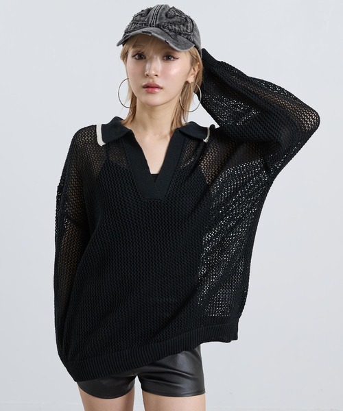 ANAP(アナップ)の「メッシュ編み スキッパーニット トップス(ニット/セーター・レディース・アイボリー/ブラック・F)」の8枚目の写真