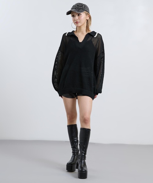 ANAP(アナップ)の「メッシュ編み スキッパーニット トップス(ニット/セーター・レディース・アイボリー/ブラック・F)」の10枚目の写真