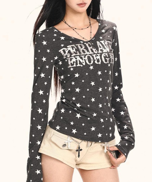 WEGO(ウィゴー)の「星柄ロゴプリントタイトロンT(Tシャツ/カットソー・レディース・グレー/ホワイト・MEDIUM/LARGE)」の7枚目の写真
