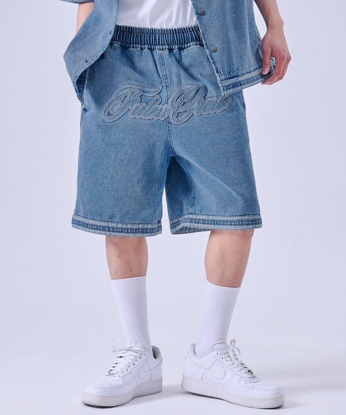 FUBU( フブ)の「FUBU フブ Denim Warm Up Shorts/デニムバギーショートパンツ(デニムパンツ・メンズ・ライトブルー/ブラック・XXL/XL/L/M)」の1枚目の写真
