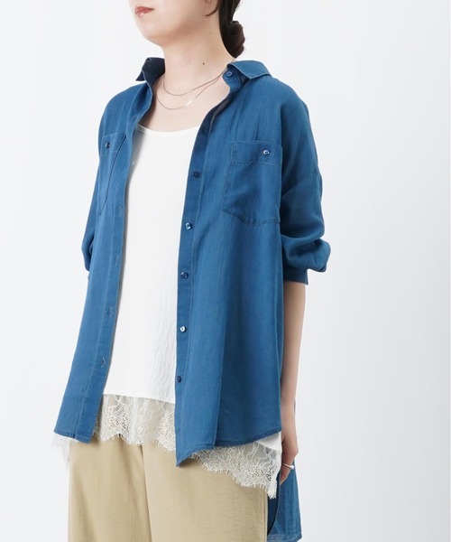 LUCAの袖ニットシャツ ブルー LC/LLL シアーデニム7分袖チュニック（シャツ/ブラウス）｜LUCA/LADY