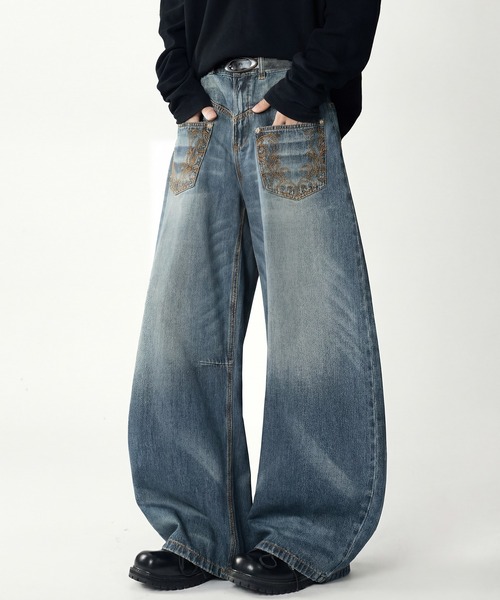 HOOK(フック)の「前後逆さデザイン バルーンワイドデニムパンツ(デニムパンツ・メンズ・ネイビー・M/L)」の1枚目の写真