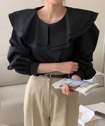 ラウンドネック 二重フリルカラー バルーンスリーブ 長袖 ブラウス