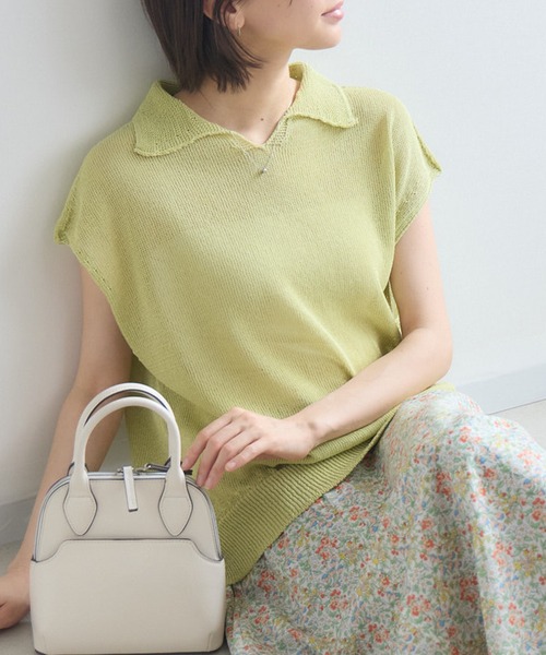 KATHARINE ROSS（キャサリンロス）の「【KATHARINE ROSS】7G和紙フレンチスリーブスキッパーポロ襟ニット（ニット/セーター・レディース・オフホワイト/ライトブルー/イエロー・FREE）」の3枚目の写真
