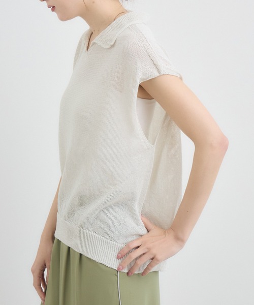 KATHARINE ROSS（キャサリンロス）の「【KATHARINE ROSS】7G和紙フレンチスリーブスキッパーポロ襟ニット（ニット/セーター・レディース・オフホワイト/ライトブルー/イエロー・FREE）」の4枚目の写真