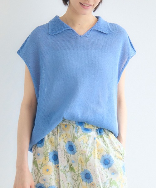 KATHARINE ROSS(キャサリンロス)の「【KATHARINE ROSS】7G和紙フレンチスリーブスキッパーポロ襟ニット(ニット/セーター・レディース・オフホワイト/ライトブルー/イエロー・FREE)」の5枚目の写真