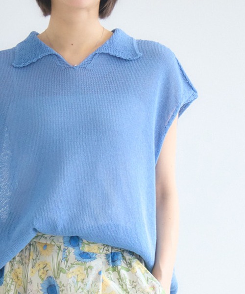 KATHARINE ROSS(キャサリンロス)の「【KATHARINE ROSS】7G和紙フレンチスリーブスキッパーポロ襟ニット(ニット/セーター・レディース・オフホワイト/ライトブルー/イエロー・FREE)」の6枚目の写真