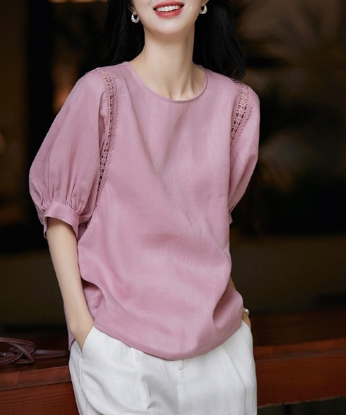 ONEP STAR(ワンピスター)の「レース切替パフ袖半袖ブラウス(シャツ/ブラウス・レディース・ピンク・LARGE/X-LARGE/MEDIUM)」の8枚目の写真