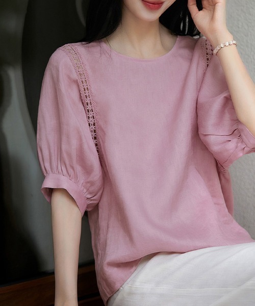 ONEP STAR(ワンピスター)の「レース切替パフ袖半袖ブラウス(シャツ/ブラウス・レディース・ピンク・LARGE/X-LARGE/MEDIUM)」の10枚目の写真