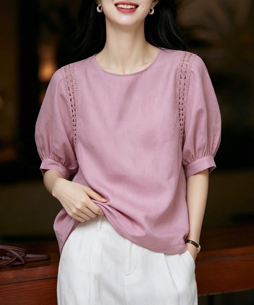 ONEP STAR(ワンピスター)の「レース切替パフ袖半袖ブラウス(シャツ/ブラウス・レディース・ピンク・LARGE/X-LARGE/MEDIUM)」の11枚目の写真