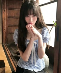 【4色展開】2Wayフラワーギンガムチェックパフスリーブトップス
