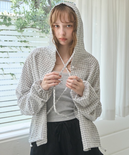 Birthday room（バースデイルーム）の「チェック柄サマーフーディシャツ/Checkered hoodie（パーカー・レディース・ネイビー/ホワイト・FREE）」の8枚目の写真