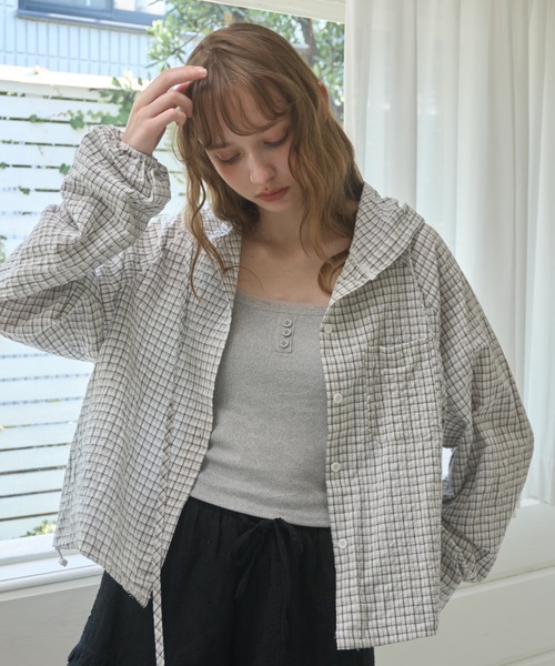 Birthday room（バースデイルーム）の「チェック柄サマーフーディシャツ/Checkered hoodie（パーカー・レディース・ネイビー/ホワイト・FREE）」の9枚目の写真