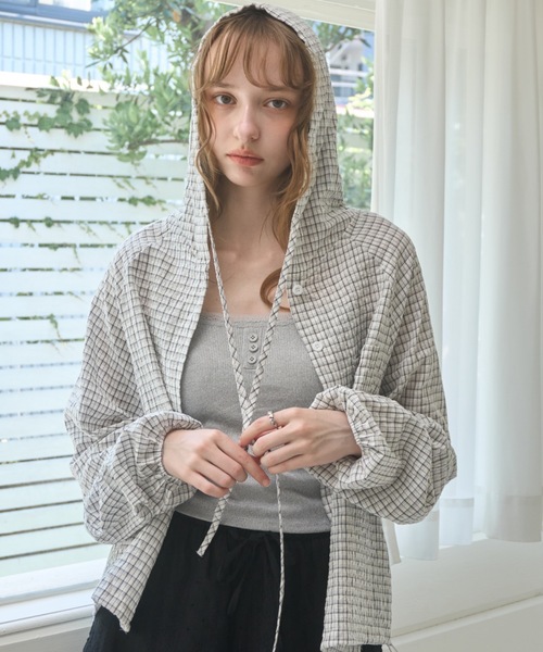 Birthday room（バースデイルーム）の「チェック柄サマーフーディシャツ/Checkered hoodie（パーカー・レディース・ネイビー/ホワイト・FREE）」の10枚目の写真