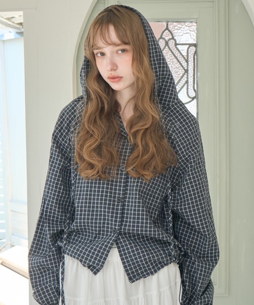 Birthday room（バースデイルーム）の「チェック柄サマーフーディシャツ/Checkered hoodie（パーカー・レディース・ネイビー/ホワイト・FREE）」の12枚目の写真