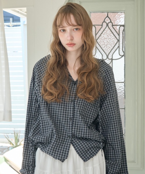 Birthday room（バースデイルーム）の「チェック柄サマーフーディシャツ/Checkered hoodie（パーカー・レディース・ネイビー/ホワイト・FREE）」の16枚目の写真