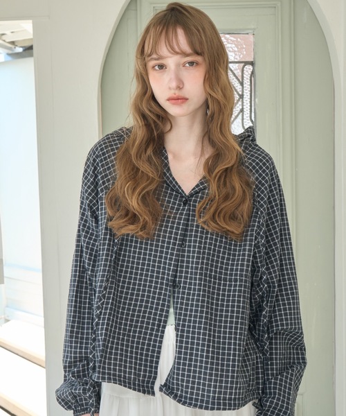 Birthday room（バースデイルーム）の「チェック柄サマーフーディシャツ/Checkered hoodie（パーカー・レディース・ネイビー/ホワイト・FREE）」の17枚目の写真