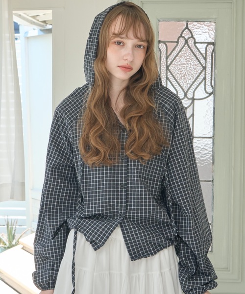 Birthday room（バースデイルーム）の「チェック柄サマーフーディシャツ/Checkered hoodie（パーカー・レディース・ネイビー/ホワイト・FREE）」の18枚目の写真