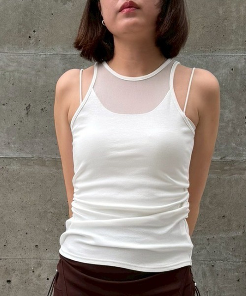 THINGS THAT MATTER(シングス ザット マター)の「【ZOZOTOWN別注商品】SIDE GATHERED SLEEVELESS TOPS / サイド ギャザード スリーブレス トップス(タンクトップ・レディース・ホワイト/ブラック×ベージュ/ブラック・FREE)」の2枚目の写真