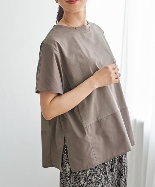 ikka(イッカ)の「【接触冷感/親子コーデ】異素材切り替えドロストプルオーバー(Tシャツ/カットソー・レディース・ネイビー/グレイッシュベージュ/レンガ/ブラウン系その他・M/L/S)」の2枚目の写真