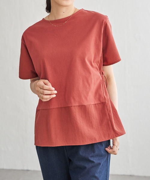 ikka(イッカ)の「【接触冷感/親子コーデ】異素材切り替えドロストプルオーバー(Tシャツ/カットソー・レディース・ネイビー/グレイッシュベージュ/レンガ/ブラウン系その他・M/L/S)」の4枚目の写真