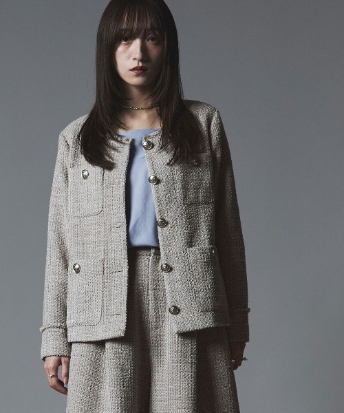 W:Huku(フーク)の「ウールミックス ツイード ノーカラー ジャケット / Wool-Blend Tweed Collarless Jacket(ノーカラージャケット・レディース・ライトグレー・FREE)」の8枚目の写真